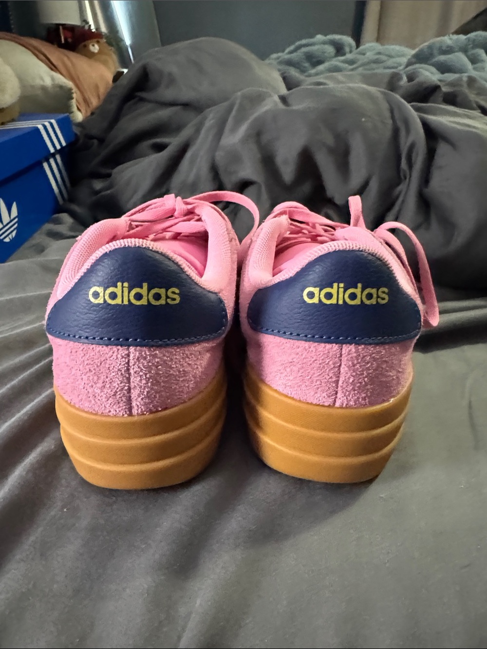 adidas Pink Suede Platform Sneakers with Navy Stripes and Gum Sole - Picture 2 of 5
